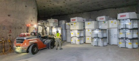 Workers with Salado Isolation Mining Contractors (SIMCO) safely emplace transuranic waste-filled containers inside the Waste Isolation Pilot Plant (WIPP) deep underground salt repository. In early 2023, SIMCO, a Bechtel National, Inc. company, became the 