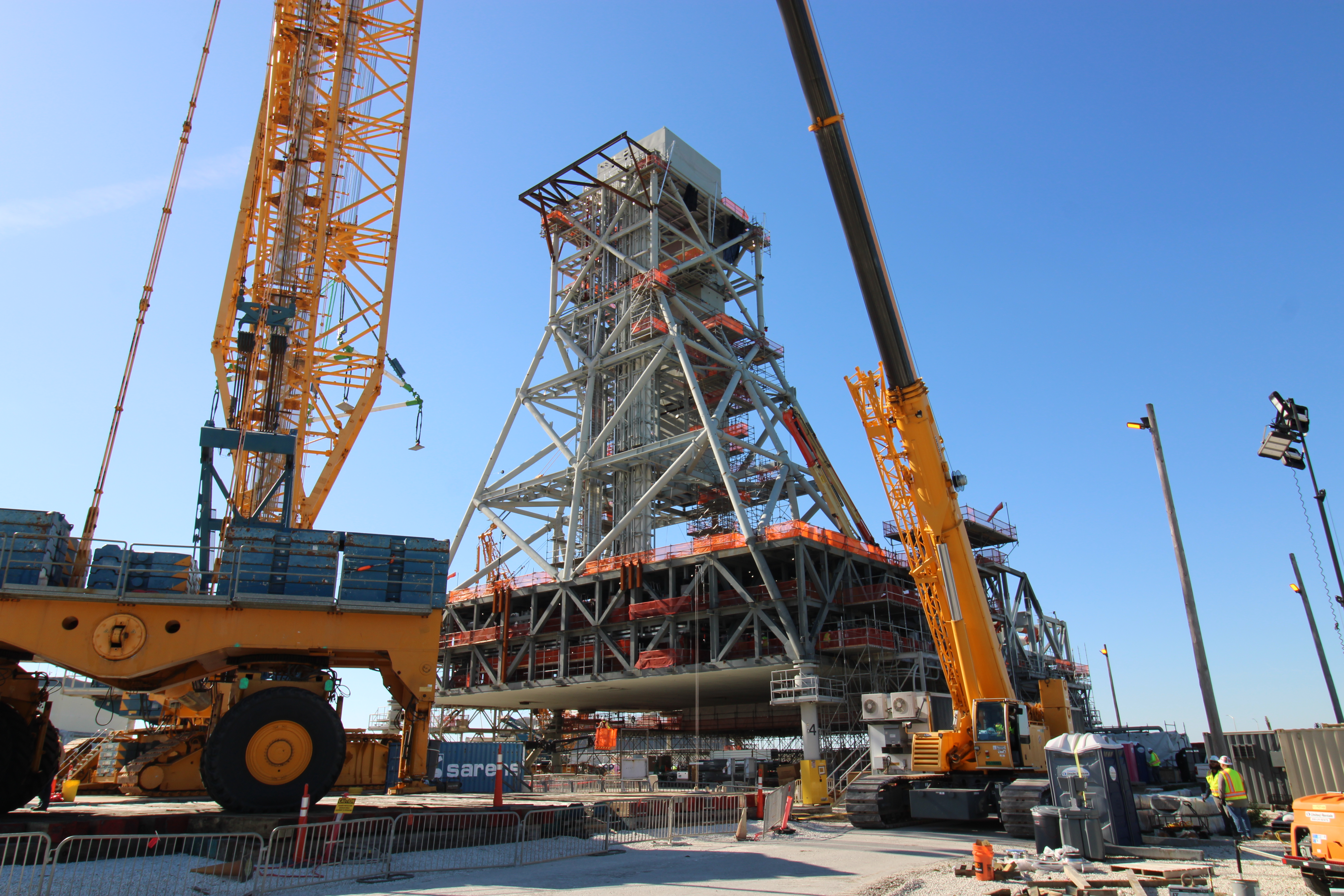 Mobile Launcher 2 pictured after crews successfully placed Mod 4 on top of the tower chair. 