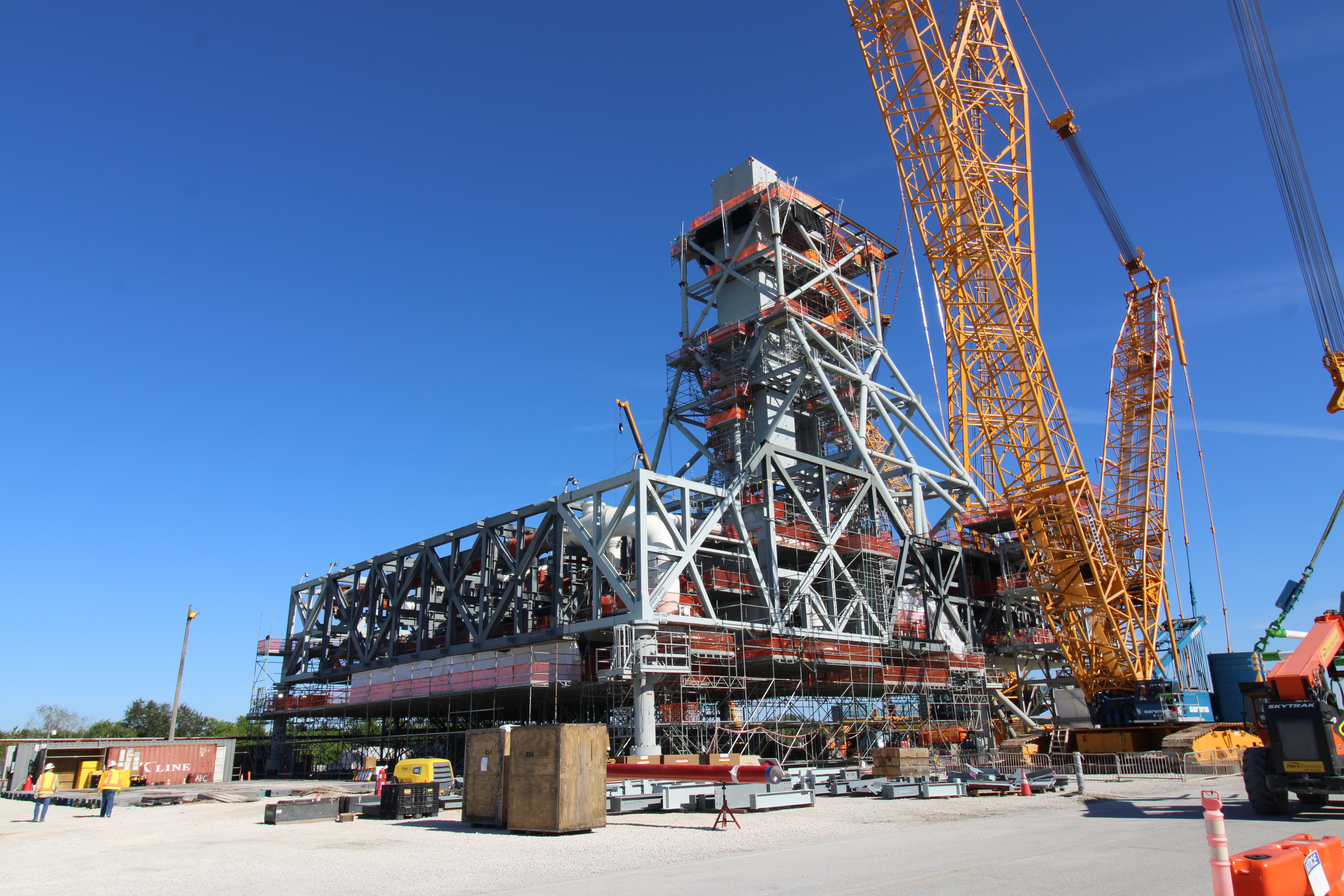 Mobile Launcher 2 pictured after crews successfully placed Mod 4 on top of the tower chair.