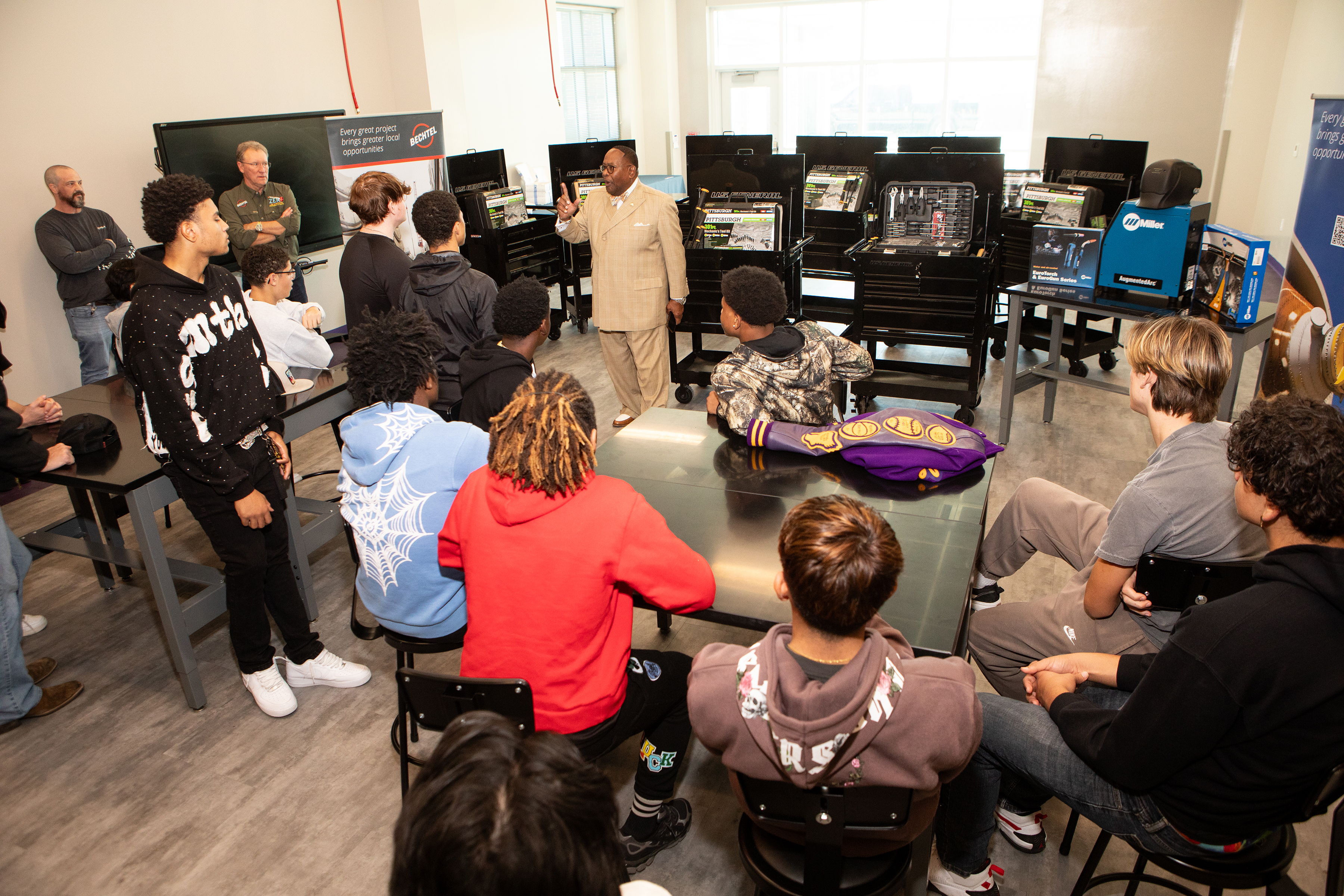 Port Arthur Mayor, Thurman Bartie, speaking with the students during the event.