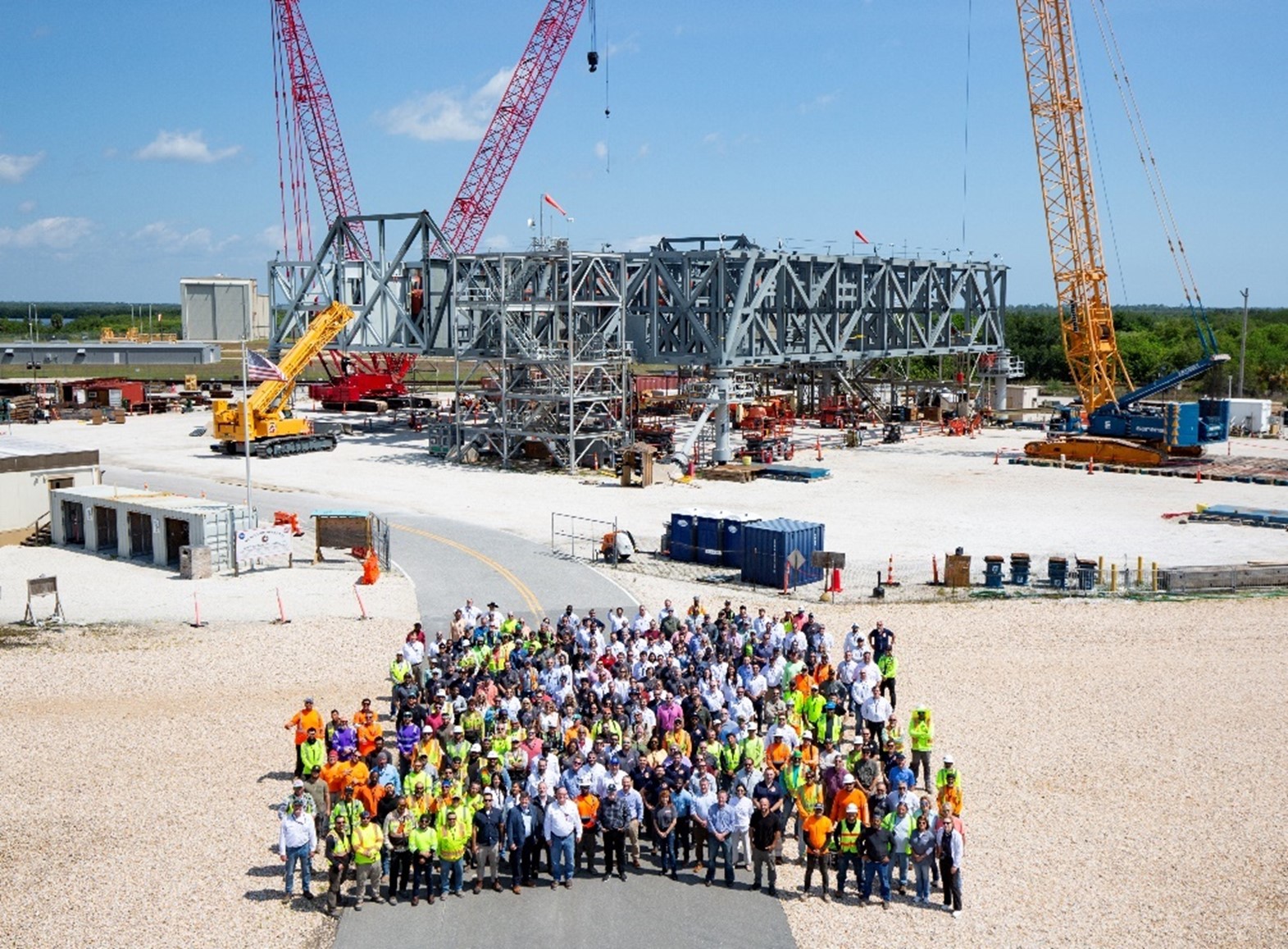 The Bechtel and NASA team together in front of the Mobile Launcher 2 base after the successful completion of Jack and Set.