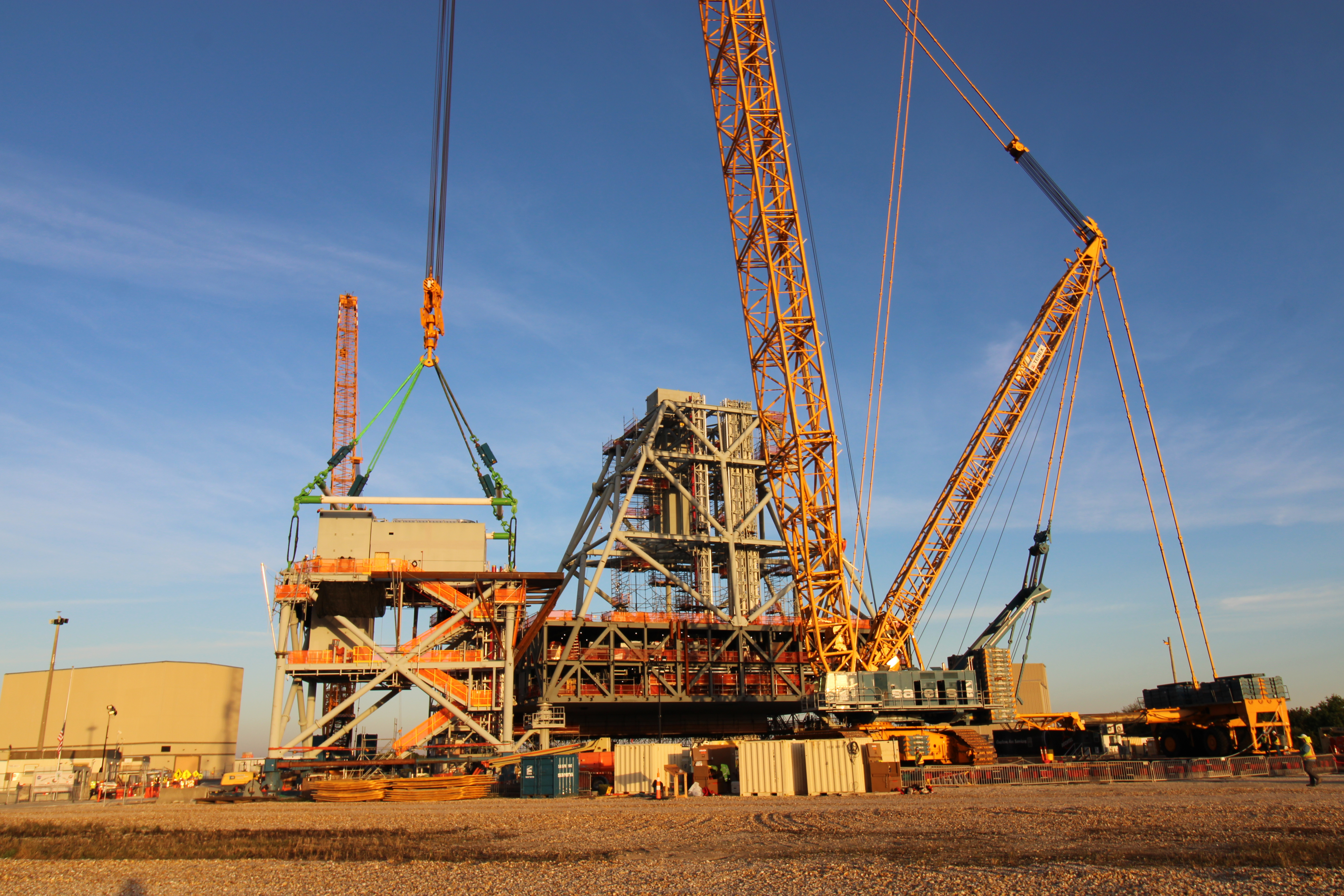 Mod 4 seen with full rigging just after sunrise as teams prepare for the start of lift operations.  