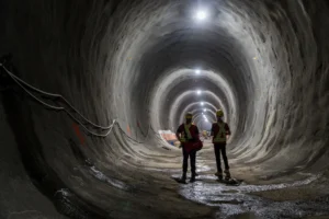 Two TransEd workers watch as waterproofing is installed in the southbound LRV tunnel.