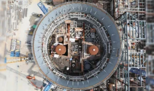 Aerial view of the top of Unit 4 during the construction process.